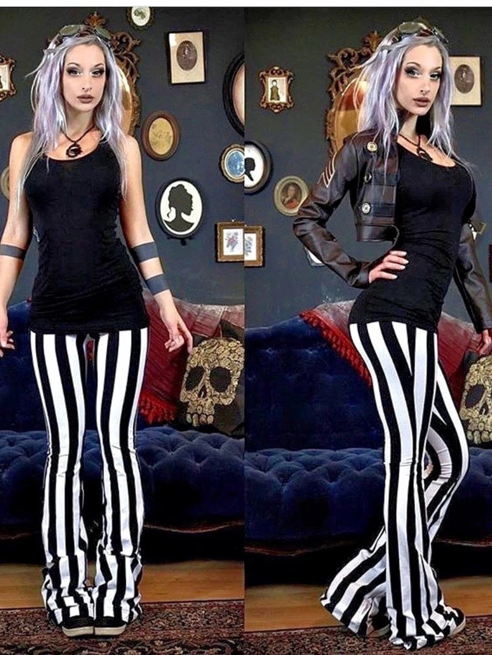Black & White Striped Flare Pants Steampunk Bellydance Festival Bohemian Circus